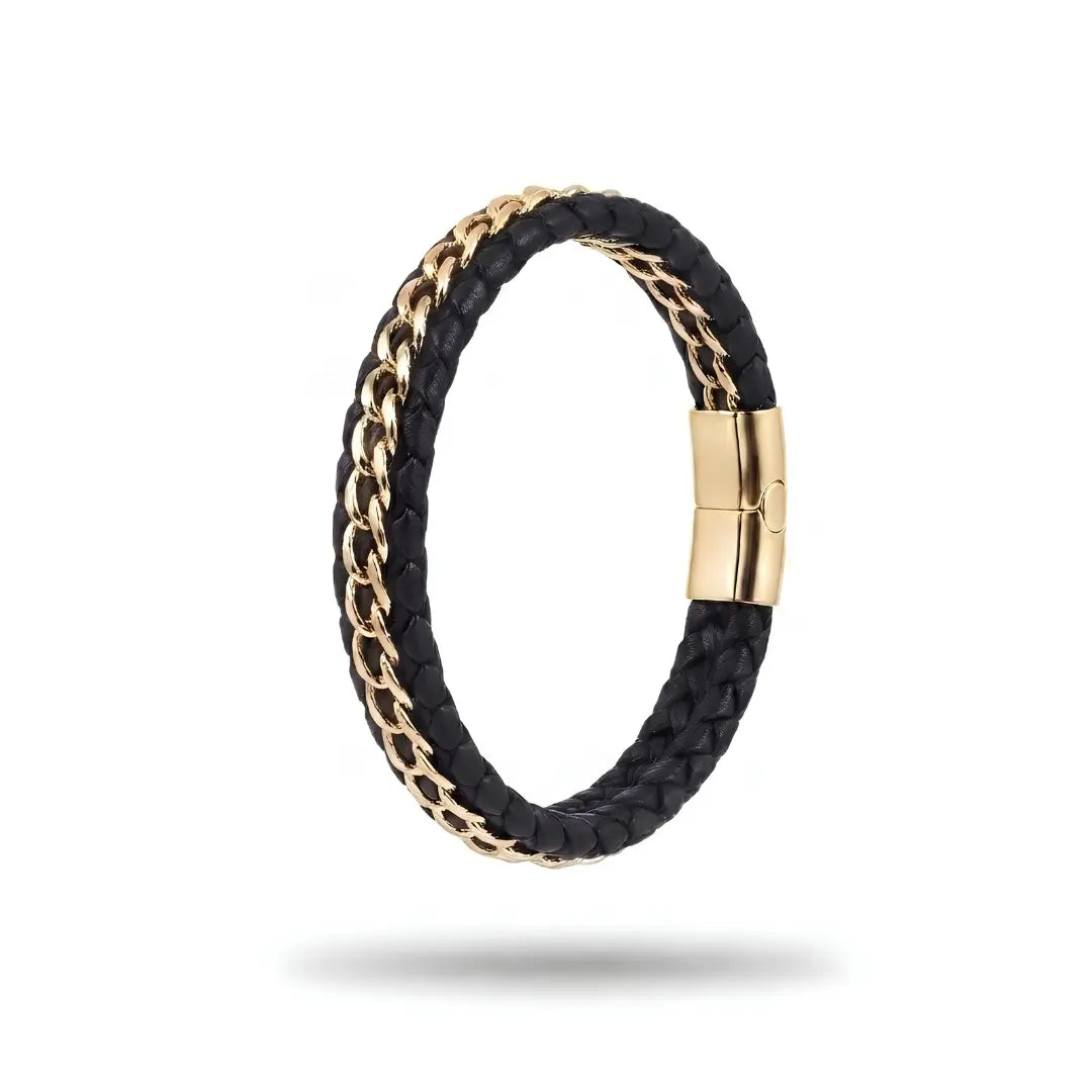 Braided Leather & Metal Chain Bracelet – 21cm 18mm Multi-Strand Stainless Steel Cuff with Magnetic Clasp for Men
